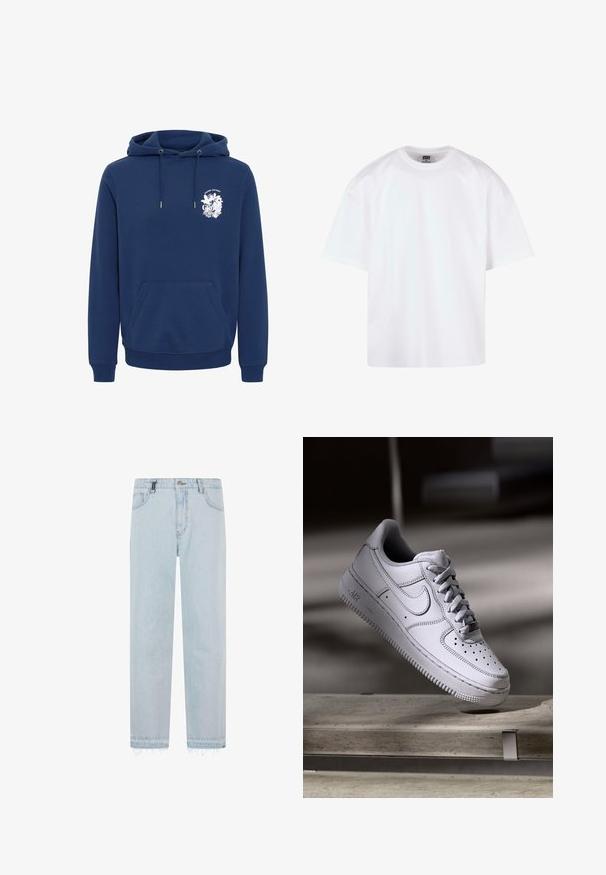 Marineblaue Kapuzenjacke aus weichem Stoff, mit einer vorderen Kängurutasche, Kapuze mit Kordelzug und einem weißen grafischen Druck auf der Brust.; Weißes T-Shirt mit kurzen Ärmeln und Rundhalsausschnitt, aus Baumwollmaterial, mit lockerem Schnitt und minimalen Nahtdetails.; Helleblaue Jeans aus Denim mit geradem Beinschnitt, ausgefranstem Saum, Fünf-Taschen-Design und subtiler Waschung. Verfügt über einen Knopfverschluss.; Weißer Nike Air Force 1 Sneaker aus Leder mit perforierter Zehenpartie, flachen Schnürsenkeln und strukturierter Gummisohle mit "AIR"-Branding an der Seite.