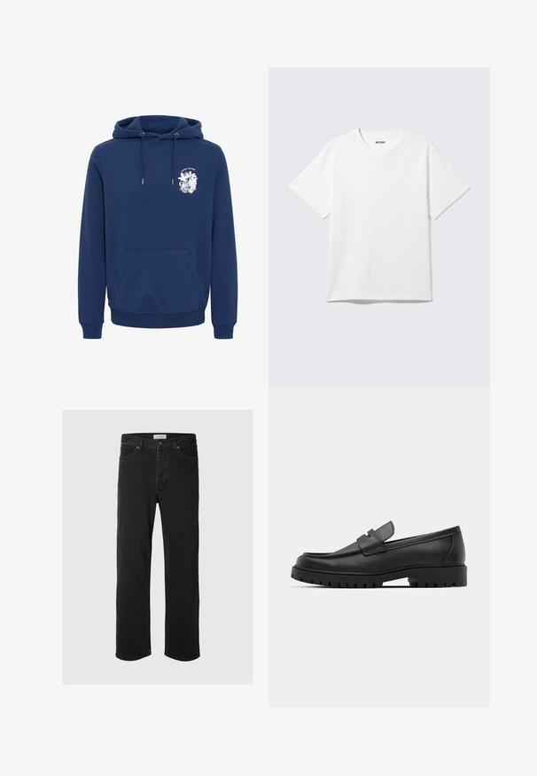Sweat à capuche bleu marine avec poche avant et logo floral blanc indiquant "Grow As You Go" sur le côté gauche de la poitrine.; T-shirt blanc à manches courtes et col rond, étalé à plat, design uni, avec l'étiquette "WEEKDAY" à l'intérieur du col sur un fond clair.; Jean en denim noir droit avec bouton à l’avant et poches, présenté sur un fond uni clair.; Mocassins en cuir noir à bout arrondi, avec un design cousu, une semelle plateforme basse et une semelle en caoutchouc texturée et crantée.