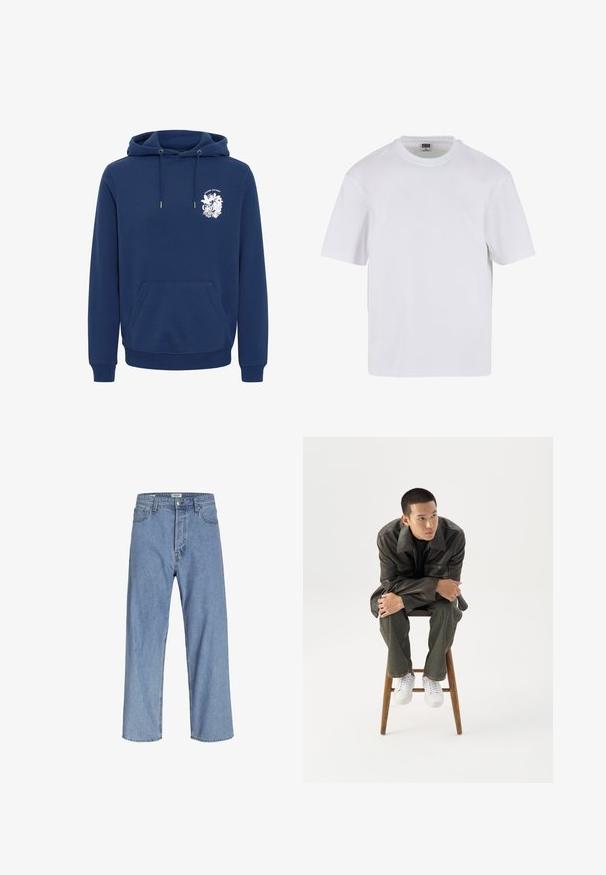Marineblå hættejakke lavet af blødt stof, med en front kanguro lomme, snore-i-hætten og et hvidt grafisk tryk på brystet.; Hvid kortærmet t-shirt lavet af bomuld. Har en rund halsudskæring og en afslappet pasform. Glat tekstur, minimalistisk design, ingen mønstre eller accenter.; Lyseblå denimjeans med en afslappet pasform, der har høj talje, vide ben og fem lomme-design. Stoffet har en blød tekstur.; Ung mand i mørk læderjakke og jeans sidder på en træskammel, læner sig fremad med armene krydset og kigger til siden mod hvid baggrund.