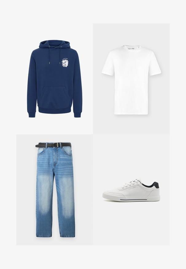 Marineblaue Kapuzenjacke aus weichem Stoff, mit einer vorderen Kängurutasche, Kapuze mit Kordelzug und einem weißen grafischen Druck auf der Brust.; Schlichtes weißes T-Shirt mit kurzen Ärmeln und rundem Ausschnitt, vorne gezeigt vor hellem grauem Hintergrund ohne sichtbare Logos.; Hellblaue Denim-Jeans mit geradem Bein, ausgestattet mit einem schwarzen Gürtel, ausgewaschenen Stellen und subtiler diagonaler Textur im oberen Bereich.; Weiße Sneakers mit einem glatten synthetischen Obermaterial, runder Spitze, Schnürdesign, marineblauem Akzent an der Ferse und einer strukturierten Gummisohle mit einem schwarzen Streifen.