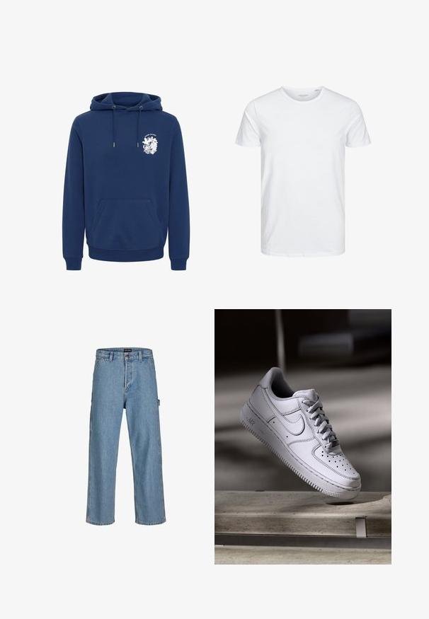 Marineblauwe hoodie van zachte stof, met een voorzak in kangoeroestijl, een capuchon met trekkoord en een witte grafische print op de borst.; Ronde hals kortemouwen t-shirt in effen wit, gemaakt van zachte katoen, heeft een eenvoudig ontwerp zonder zichtbare patronen of accenten.; Lichtblauwe denim jeans met een ontspannen pasvorm, rechte pijpen en een klassieke tailleknop. Voorzien van zijzakken en subtiele stikdetails.; Witte Nike Air Force 1 sneaker van leer met geperforeerde neus, platte veters en een gestructureerde rubberen zool met "AIR"-logo aan de zijkant.