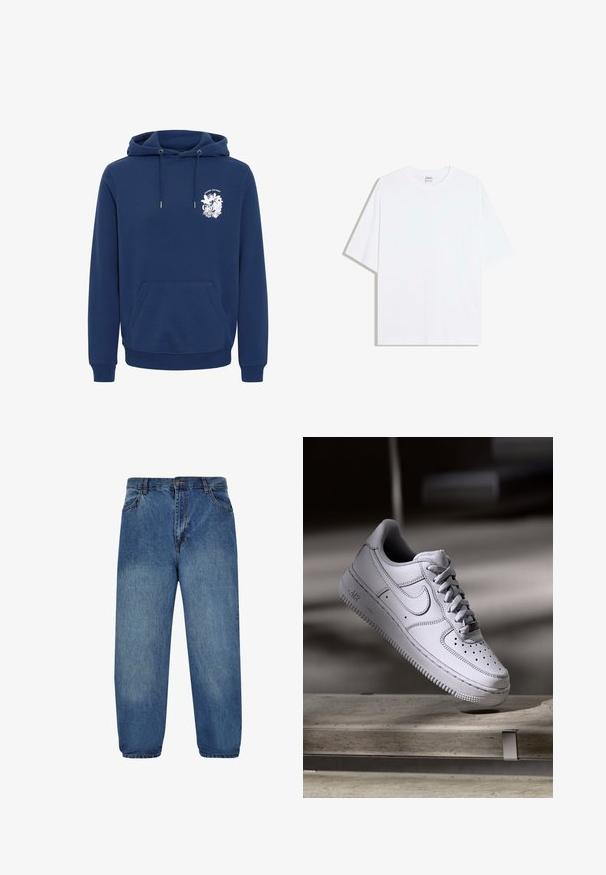 Sweat à capuche bleu marine avec poche avant et logo floral blanc indiquant "Grow As You Go" sur le côté gauche de la poitrine.; T-shirt oversize en coton blanc avec un col rond et des manches courtes ; texture lisse, sans motifs ni accents visibles.; Jeans en denim bleu clair avec une coupe décontractée, présentant une fermeture à bouton, un design à cinq poches et une texture légèrement décolorée sur le tissu.; La basket Nike Air Force 1 en cuir blanc présente un embout perforé, des lacets plats et une semelle en caoutchouc texturée avec le logo « AIR » sur le côté.