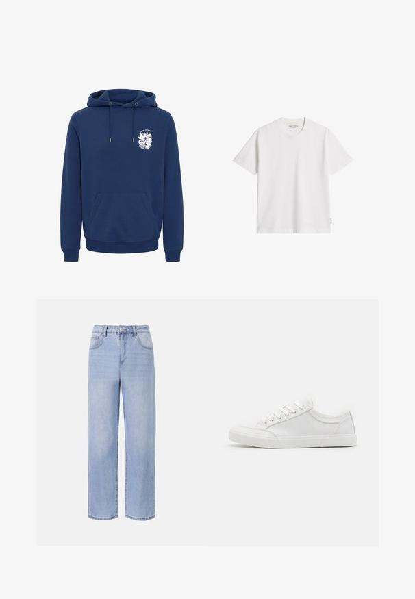Marineblauwe hoodie van zachte stof, met een voorzak in kangoeroestijl, een capuchon met trekkoord en een witte grafische print op de borst.; Witte katoenen t-shirt met een ronde hals en korte mouwen. Kenmerkt subtiele stikseldetails en een klein merklabel aan de zijkant.; Lichtblauwe denim jeans met een ontspannen, wijde pasvorm. Kenmerken zijn onder andere vijf zakken, een sluiting met een knoop aan de voorkant en subtiele vervaging.; Witte sneakers met een glad leren bovenwerk, ronde neus, platte rubberen zool en zes oogjes voor veters. Subtiele stikseldetails, minimalistisch ontwerp.
