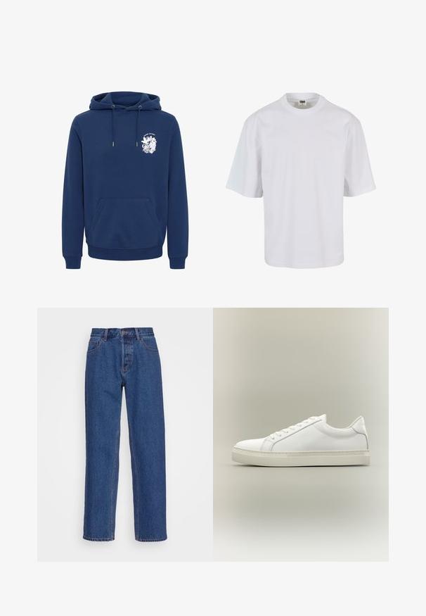 Marineblauwe hoodie van zachte stof, met een voorzak in kangoeroestijl, een capuchon met trekkoord en een witte grafische print op de borst.; Witte, korte mouw t-shirt van katoen. Beschikt over een ronde hals en een losse pasvorm met een gladde textuur en geen zichtbare patronen of graphics.; Blauwe spijkerbroek met een klassiek recht model, voorzien van een hoge taille, riemlussen en subtiele stiksels.; Witte lage sneaker met veters aan de voorkant en dikke zool, zijaanzicht tegen een neutrale achtergrond.
