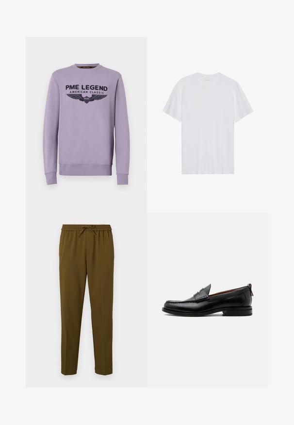 Lila Crewneck-Sweatshirt aus weichem Stoff mit schwarzem Druck auf der Vorderseite "PME LEGEND AMERICAN CLASSIC" und Flügelgrafiken.; Weißes Baumwoll-T-Shirt mit kurzen Ärmeln, Rundhalsausschnitt und glatter Textur. Verfügt über eine minimale Markenkennzeichnung am Halsausschnitt.; Olivengrüne, leichte Hosen mit elastischem Bund und verstellbarem Kordelzug. Mit geraden Beinen und ohne Taschen. Glatte Textur.; Schwarzer Leder-Herrenschuh mit Mokassinnaht, Penny-Riemen, strukturiertem Kragen und niedrigem gestapeltem Absatz auf weißem Hintergrund.