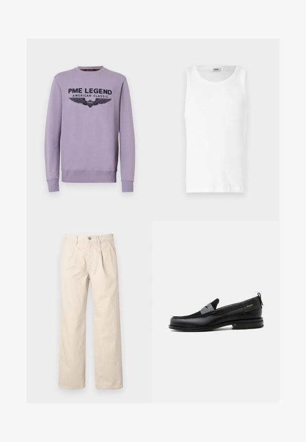 Lila Crewneck-Sweatshirt aus weichem Stoff mit schwarzem Druck auf der Vorderseite "PME LEGEND AMERICAN CLASSIC" und Flügelgrafiken.; Weißes Baumwoll-Tanktop ohne Ärmel mit Rundhalsausschnitt und glatter Textur. Einfaches Design, ohne Muster oder Akzente.; Beige weit geschnittene Hose mit hoher Taille, Frontfalten, einem vorderen Knopfverschluss und einem glatten Baumwollstoff.; Schwarzer Lederloafer mit grauem Riemendetail, niedrigem Absatz und strukturierter Sohle, seitlich mit „HUGO“ in Gold gebrandmarkt.