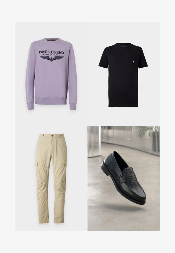 Lila Crewneck-Sweatshirt aus weichem Stoff mit schwarzem Druck auf der Vorderseite "PME LEGEND AMERICAN CLASSIC" und Flügelgrafiken.; Schwarzes Baumwoll-T-Shirt mit kurzen Ärmeln, rundem Halsausschnitt und einer Brusttasche mit einem kleinen weißen Vogel-Logo. Weicher Stoff und einfaches Design.; Beige Cargo-Hosen aus leichtem Material, mit mehreren Taschen, einem Knopfverschluss und einem schmal zulaufenden Beinschnitt. Glatte Textur.; Schwarzer Lederloafer mit glatter Textur, spitzer Zehe und einem dekorativen Riemen über dem Rist. Leichte Sohle, minimalistisches Design.