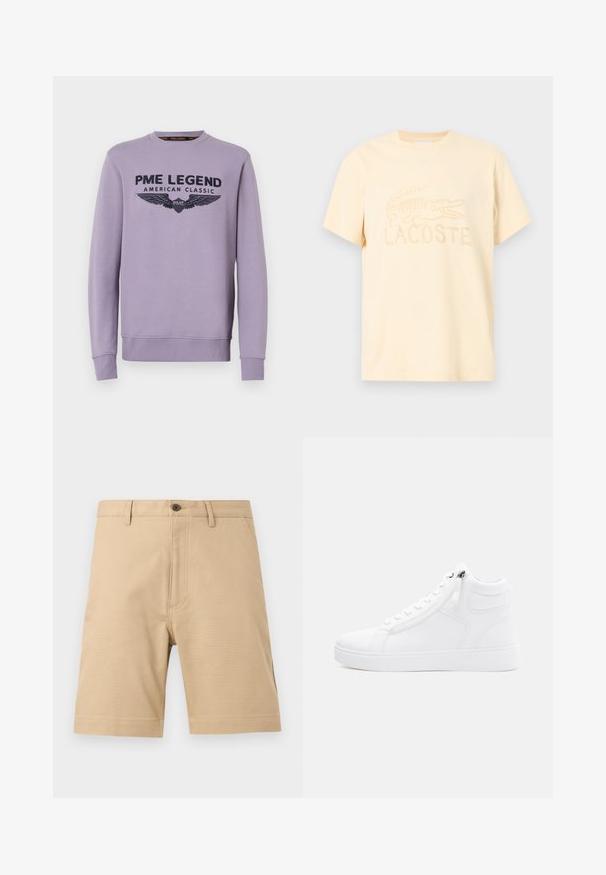Lila Crewneck-Sweatshirt aus weichem Stoff mit schwarzem Druck auf der Vorderseite "PME LEGEND AMERICAN CLASSIC" und Flügelgrafiken.; Lacoste-Logo-T-Shirt in hellem Pastellgelb. Aus Baumwolle gefertigt, mit Rundhalsausschnitt und kurzen Ärmeln, bestickt mit Krokodil-Design und Markenname.; Beige Herren-Knielange Shorts mit Gürtelschlaufen, Vordertaschen, Knopfverschluss und sichtbaren Nahtdetails auf einfarbigem Hintergrund.; Weißer High-Top-Sneaker aus glattem Kunstmaterial. Mit Reißverschluss an der Seite, runder Zehenpartie und strukturiertem Gummisohle.