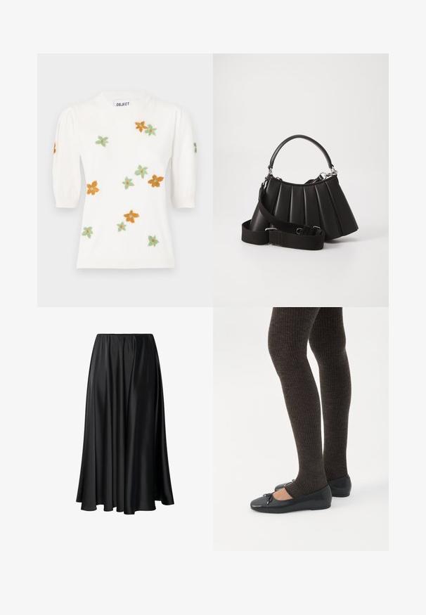 Pull blanc à manches courtes bouffantes, orné de broderies florales orange, vert et jaune. Encolure ronde classique et bord ribbé.; Jupe maxi noire en tissu lisse, dotée d'une taille élastique, d'une silhouette ample et d'un ourlet fluide sans motifs ni détails visibles.; Jambes portant des leggings côtelés foncés associés à des ballerines noires avec de petits détails en nœud sur fond blanc.; Sac à main plissé noir avec une poignée arrondie, une bandoulière réglable et une texture brillante. Présente des accessoires en argent et une silhouette structurée.