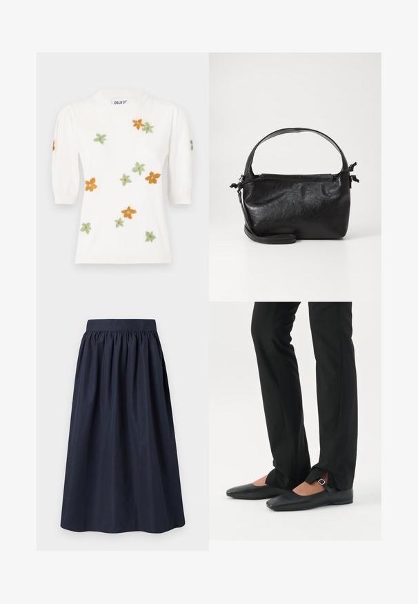 Pull blanc à manches courtes bouffantes, orné de broderies florales orange, vert et jaune. Encolure ronde classique et bord ribbé.; Jupe en coton bleu marine avec une taille froncée, forme A fluide et texture lisse. Pas de motifs visibles ni de détails en métal.; Jambes vêtues d’un pantalon slim noir avec des fentes à l’avant de l’ourlet, assorties à des chaussures plates Mary Jane noires avec une petite bride à boucle.; Sac à main en cuir noir au design structuré, avec une poignée arrondie et une bandoulière amovible. Présente une texture lisse et un éclat subtil.