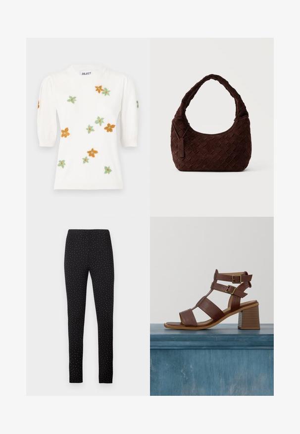 Pull blanc à manches courtes bouffantes, orné de broderies florales orange, vert et jaune. Encolure ronde classique et bord ribbé.; Pantalons noirs avec une taille élastique, coupe slim et motif à pois blancs sur l'ensemble. Tissu doux offrant confort et flexibilité.; Sandales à talons en cuir marron avec plusieurs brides et boucles dorées. Bout carré et talon bloc texturé. Doublure intérieure lisse.; Sac à épaule en cuir tressé marron foncé avec une forme douce et arrondie et une large anse, avec une petite étiquette en cuir attachée.