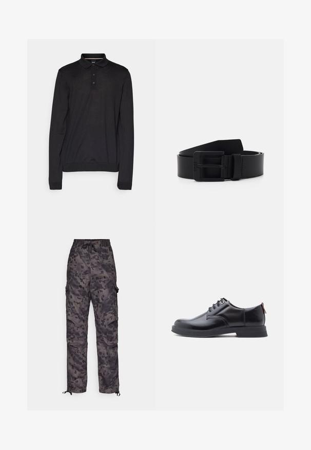 Camisa polo negra de manga larga hecha de tejido suave, con un cuello clásico, placket de tres botones y puños y dobladillo acanalados.; HUGO GARLO - Pantalones cargo - dark grey; Zapatos de piel negra con cordones, textura lisa, puntera redondeada y detalles sutiles de costura. Cuentan con una lengüeta roja en el talón.; Cinturón de cuero negro con un acabado mate, que presenta una hebilla metálica rectangular y una textura suave. Diseño simple sin patrones ni acentos.
