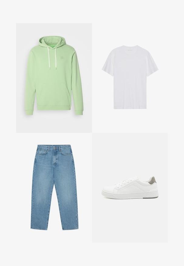 Mintgroene hoodie van zachte stof met een kangoeroezak, een capuchon met trekkoord en een klein logo detail op de borst.; Witte katoenen T-shirt met korte mouwen, een ronde hals en een gladde textuur. Heeft minimale branding op de halslijn.; Lichtblauwe denim jeans met een rechte pijp, vijfzakkenontwerp en een licht verweerde look. Voorzien van een knoop- en ritssluiting.; Witte sneaker van glad leer met een ronde neus, minimalistisch ontwerp, grijze hielaccent en een geplaatste rubberen zool.