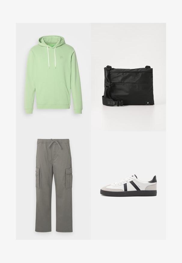 Mintgroene hoodie van zachte stof met een kangoeroezak, een capuchon met trekkoord en een klein logo detail op de borst.; Grijze rechte cargobroek met elastische tailleband, trekkoord, zijflapzakken en voorste schuine zakken op een witte achtergrond.; Witte sneaker met zwarte en grijze accenten, voorzien van een grijze neus met textuur, zwarte rubberen zool en platte witte veters. Schoon ontwerp, minimalistische stijl.; Zwarte nylon boodschappentas met verstelbare riem, plat ontwerp en een zijlabel met een logo. Soepele textuur en minimalistische stijl.
