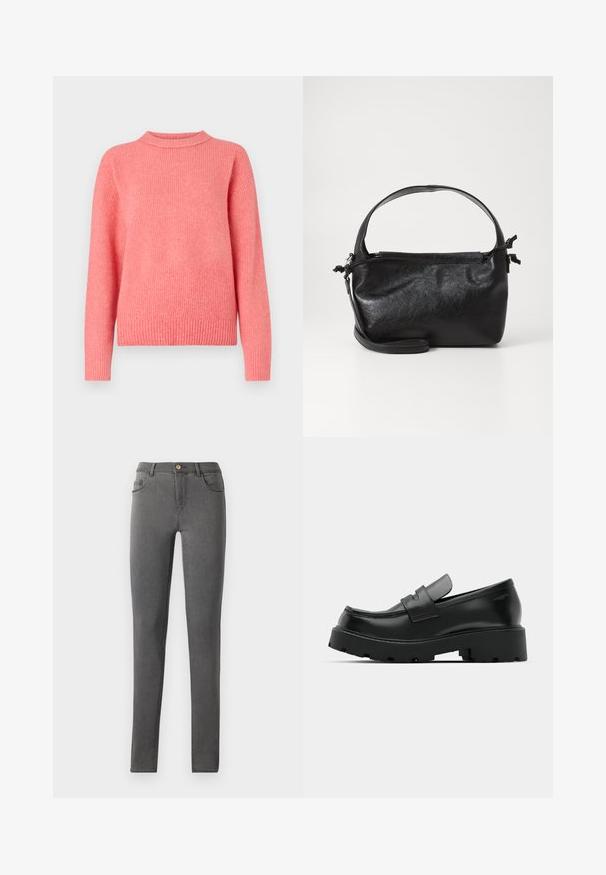 American Eagle CLASSIC CREW SHAKER - Svetrík - coral; Šedé denimové skinny jeans so priliehavým strihom, päť vreckovým štýlom a jedným kovovým gombíkom na zapínanie v oblasti pása.; Čierne kožené mokasíny s hrubou štruktúrovanou podrážkou, so strapcom cez priehlavok a hladkým, lesklým povrchom.; Čierna kožená kabelka so štruktúrovaným dizajnom, okrúhlym horným uchom a odnímateľným ramenným popruhom. Má hladkú textúru a jemný lesk.