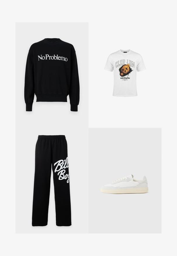 Sweatshirt noir, col rond, arborant le texte blanc "NoProblemo" sur la poitrine. Manches et ourlet côtelés, texture de tissu douce.; T-shirt blanc avec un dessin d'un visage d'ours en peluche aux yeux barrés et le texte "CLSR LDN" et "worldwide" en dessous.; Pantalon de survêtement noir avec taille élastique, jambes larges et grand texte blanc « Billabong » sur la cuisse droite.; Baskets blanches avec dessus en daim et cuir texturé. Caractérisées par un bout arrondi, une fermeture à lacets et une semelle en caoutchouc beige contrastante.