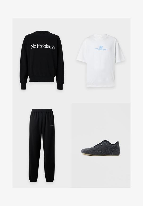 Sweatshirt noir, col rond, arborant le texte blanc "NoProblemo" sur la poitrine. Manches et ourlet côtelés, texture de tissu douce.; T-shirt en coton blanc à coupe décontractée, avec un logo bleu "HOLZWEILER WINTERSPORT" imprimé sur le devant. Manches courtes, col rond.; Pantalon de survêtement noir en tissu doux, avec une taille et des poignets élastiques. Comprend l'inscription "No Problemo" brodée en blanc sur la jambe gauche.; Chaussures décontractées en denim noir avec un bout rond, une surface texturée, des coutures contrastantes et une semelle en caoutchouc verte flexible. Conception à lacets sur le devant.