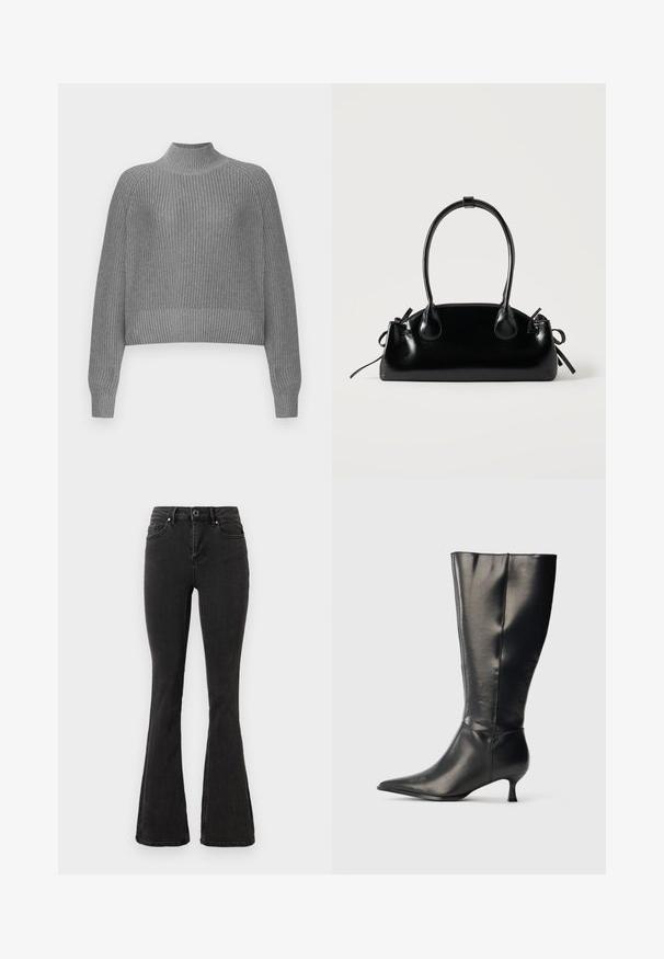 Pull gris à côtes avec un col montant, des épaules tombantes et des manches longues. Présente un tricot texturé et un ourlet cropped.; Jean flare taille haute noir avec fermeture à boutons et zip devant, poches avant et arrière, et ourlets droits surpiqués.; Botte en cuir noire montant jusqu'au genou, avec un bout pointu et un petit talon bas, présentée sur un fond clair uni.; Petit sac à main noir brillant avec deux longues anses et des détails à cordon sur les côtés sur un fond clair uni.