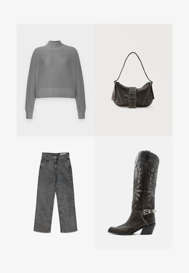 Suéter gris de canalé con un cuello alto, hombros caídos y mangas largas. Presenta un tejido texturizado y un dobladillo corto.; Jeans rectos de tiro alto, de color negro desgastado, con bolsillos frontales, trabillas para cinturón, cierre de botón y una etiqueta de marca en la parte interna de la cintura.; Bota cowboy de cuero negro con recortes decorativos, hebilla plateada y tacón inclinado, presentada sobre fondo blanco.; Bolso de hombro de cuero negro con detalle de correa con hebilla, bordes curvos y costuras blancas en contraste sobre un fondo liso.
