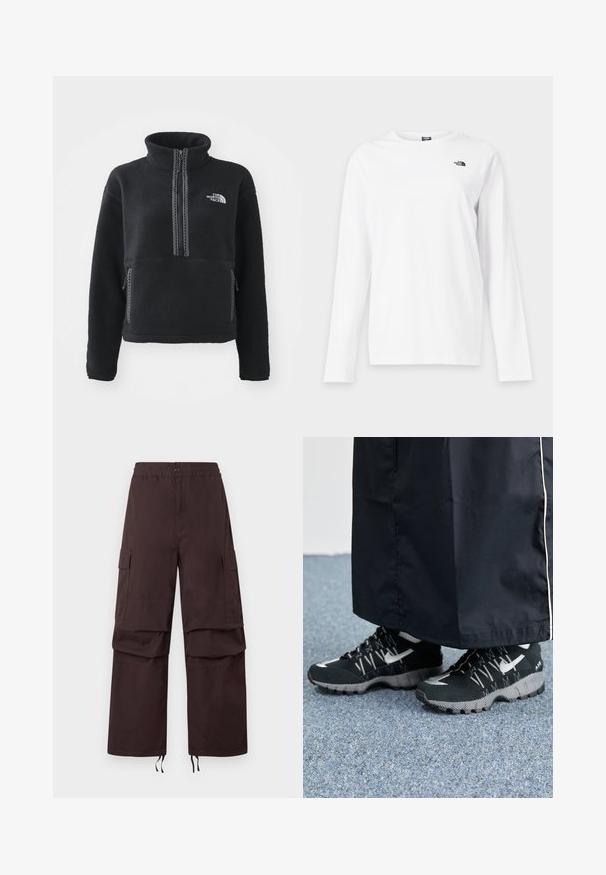 Sudadera de polar negra con cuello alto, cremallera hasta el cuarto, bolsillo delantero y costuras de contraste. Presenta el logotipo de The North Face en el pecho.; Camiseta blanca de manga larga con cuello redondo y pequeño logo negro de The North Face en el lado izquierdo del pecho.; Pantalones cargo marrón oscuro con cintura elástica, dos bolsillos laterales y dobladillos con cordón. Hechos de una tela resistente con un ajuste relajado.; Zapatillas deportivas negras con un upper texturizado, detalles plateados y una suela con patrón, combinadas con una prenda larga negra. Colocadas sobre una alfombra azul.