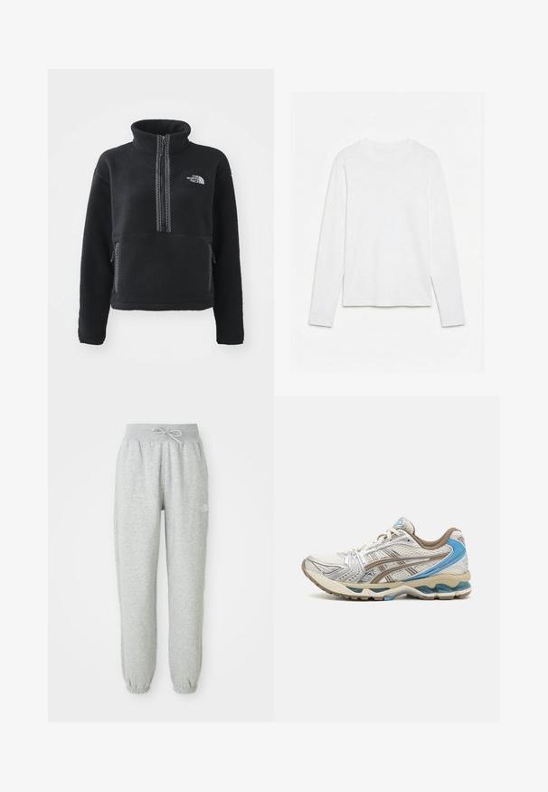 Sort fleecepullover med høj krave, kvartlynlås, frontlomme og kontrastsyninger. Har The North Face-logo på brystet.; Helt hvid langærmet t-shirt med rund hals lagt fladt på en hvid overflade, der viser fronten og hele ærmelængden.; Grå sweatpants med elastisk talje og snøre. Stoffet er blødt, og de har elastiske manchetter ved anklerne samt et logoaccent.; Hvid og beige løbesko med blå accenter, netoverdel, polstret sål og snørelukning, vist fra ydersiden.