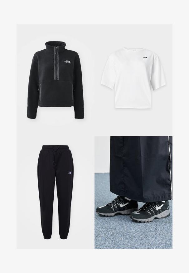 Mustast fliisist pullover kõrge krae, kvartstõmblukuga, ees tasku ja kontrastse õmblusega. Piiril on The North Facei logo rinnal.; Valge lühikeste varrukatega ümara kaelusega T-särk musta The North Face'i logoga vasakul rinnal.; Mustad musta värvi jooksupüksid elastse vöökoha ja mansettidega, stringi sidumise võimalus, küljetaskud ja väike valge The North Face logo paremal reiel.; Mustad mustrehilised mustad spordijalatsid, millel on tekstuurne pealmine osa, hõbedased aktsendid ja mustriga tallaosad, koos musta pika riietusega. Seatud sinise vaiba taustale.