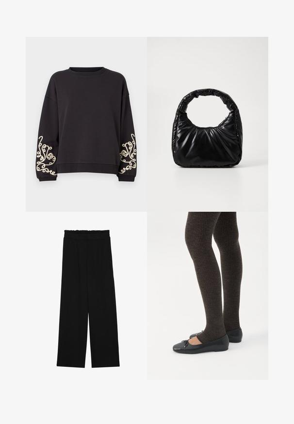 Zwarte sweatshirt met lange mouwen en een ronde halslijn. Bevat intrigerende crèmekleurige borduursels op beide manchetten. Zachte stoftextuur.; Zwarte wijde broek met een gerimpelde tailleband, voorzien van twee zijzakken en een soepele, lichte stof. Geen zichtbare patronen of hardware.; Benen met donkere geribbelde leggings gecombineerd met zwarte ballerina's met kleine strikdetails op een witte achtergrond.; Zwarte gevoerde handtas met een ronde handgreep, met een gladde, glanzende oppervlakte en een zachte, gewatteerde textuur. Geen zichtbare metalen onderdelen of accenten.