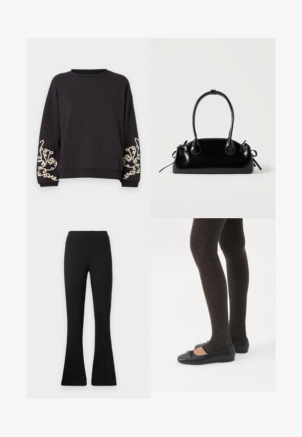 Sort sweatshirt med lange ærmer og rund halsudskæring. Har detaljeret cremefarvet broderi på begge ærmer. Blød stofstruktur.; Sorte ribbede flared bukser med høj talje. Det bløde, elastiske materiale giver en tætsiddende silhuet og en flared bund for stil og komfort.; Ben iført mørke ribbede leggings kombineret med sorte balletsko med små sløjfedetaljer på hvid baggrund.; Lille sort blank håndtaske med to lange håndtag og snøre-detaljer i siden på en ensfarvet lys baggrund.