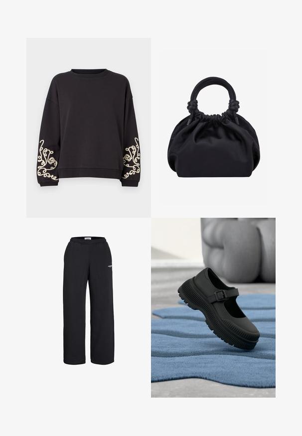 Zwarte sweatshirt met lange mouwen en een ronde halslijn. Bevat intrigerende crèmekleurige borduursels op beide manchetten. Zachte stoftextuur.; Zwarte sweatpants met rechte pijpen, elastische tailleband en een klein wit logo op de bovenkant van het bovenbeen, ontworpen voor vrijetijdskleding.; Zwarte Mary Jane-stijl schoen met dikke geribbelde zool en gesp, rustend op een gestructureerd blauwe tapijt met wazige achtergrond.; Zwarte zachte stoffen handtas met geplooide bovenkant en ronde gewatteerde handvatten, vastgeknoopt aan elke kant.