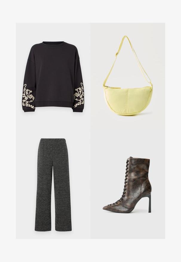 Zwarte sweatshirt met lange mouwen en een ronde halslijn. Bevat intrigerende crèmekleurige borduursels op beide manchetten. Zachte stoftextuur.; Wijd-uitlopende broek in zwart en grijs textuurstof, met een elastische tailleband voor comfort. Geen zichtbare zakken of sluitingen.; Bruine leren enkelboot met een spitse neus en hoge stiletto hak. Voorzien van veterbinding aan de voorkant en een gestructureerde afwerking in een gekreukt patroon.; Zachte gele schoudertas in vorm van een halve maan met verstelbare band en ritssluiting bovenaan tegen een effen lichte achtergrond.