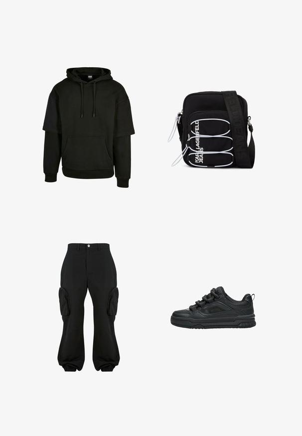 Schwarzer Hoodie mit Kängurutasche, verstellbarem Kapuzenzug und kurzen Ärmeln mit verlängerten Designelementen. Aus weichem, strukturiertem Stoff gefertigt.; Schwarze Cargo-Hosen mit lockerer Passform, ausgestattet mit zwei seitlichen Cargo-Taschen, elastischen Bündchen an den Knöcheln und einem Knopfverschluss auf der Taille.; Schwarzer Low-Top-Sneaker mit dicker Sohle, gepolstertem Kragen, Mesh-Einsätzen und kräftigen Schnürsenkeln, dargestellt vor weißem Hintergrund.; Schwarze Umhängetasche mit weißen elastischen Schlaufen, Reißverschlüssen und weißem "KARL LAGERFELD JEANS"-Schriftzug auf der Vorderseite.