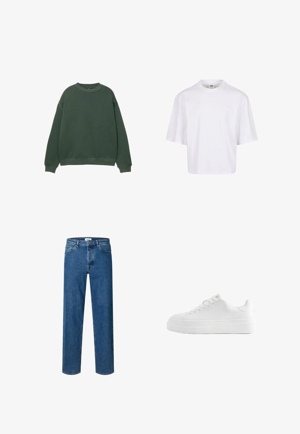 Mørkegrøn sweatshirt med rund hals, lange ærmer og ribbede manchetter. Fremstillet af et blødt, struktureret stof med et afslappet fit design.; Hvid t-shirt med korte ærmer, der har en rund halsudskæring og en afslappet pasform, lavet af et glat bomuldsblandingsstof. Ingen mønstre eller udsmykninger.; Blå straight-leg denim jeans med knap- og lynlåslukning, bæltestropper og fem-lomme-design.; Hvid lavtop sneaker med tyk sål, snørebånd foran og små ventilationshuller på siden, vist i profil.