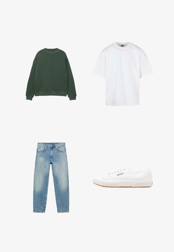 Dunkelgrüner Pullover mit Rundhalsausschnitt, langen Ärmeln und gerippten Bündchen. Hergestellt aus einem weichen, strukturierten Stoff mit einer lockeren Passform.; Weißes T-Shirt mit kurzen Ärmeln und Rundhalsausschnitt, aus Baumwollmaterial, mit lockerem Schnitt und minimalen Nahtdetails.; Blue Jeans mit geradem Bein, vorderen Taschen und Gürtelschlaufen, die leichte Verblassungen an Oberschenkeln und Knien zeigen.; Weiße Leinensneaker mit Gummisohle, Schnürdesign und einem kleinen Logolabel an der Seite. Strukturierte weiße Oberseite und braune Außensohle.