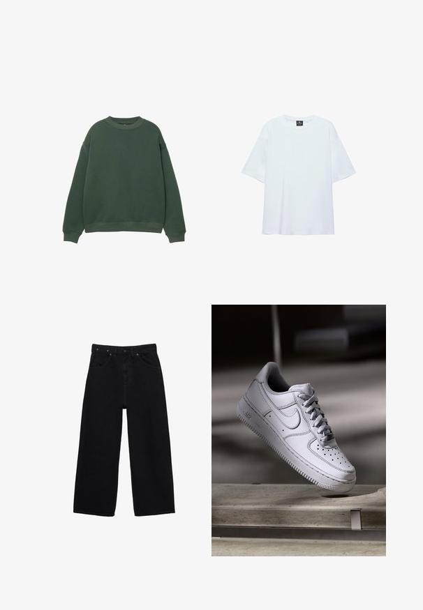 Dunkelgrüner Pullover mit Rundhalsausschnitt, langen Ärmeln und gerippten Bündchen. Hergestellt aus einem weichen, strukturierten Stoff mit einer lockeren Passform.; Schlichtes, weißes, übergroßes T-Shirt mit kurzen Ärmeln, rundem Ausschnitt und einem schwarzen Etikett innen am Kragen vor weißem Hintergrund.; Schwarze Jeans mit weitem Bein, vorne mit Knöpfen, Reißverschluss, Gürtelschlaufen und klassischem Five-Pocket-Design.; Weißer Nike Air Force 1 Sneaker aus Leder mit perforierter Zehenpartie, flachen Schnürsenkeln und strukturierter Gummisohle mit "AIR"-Branding an der Seite.