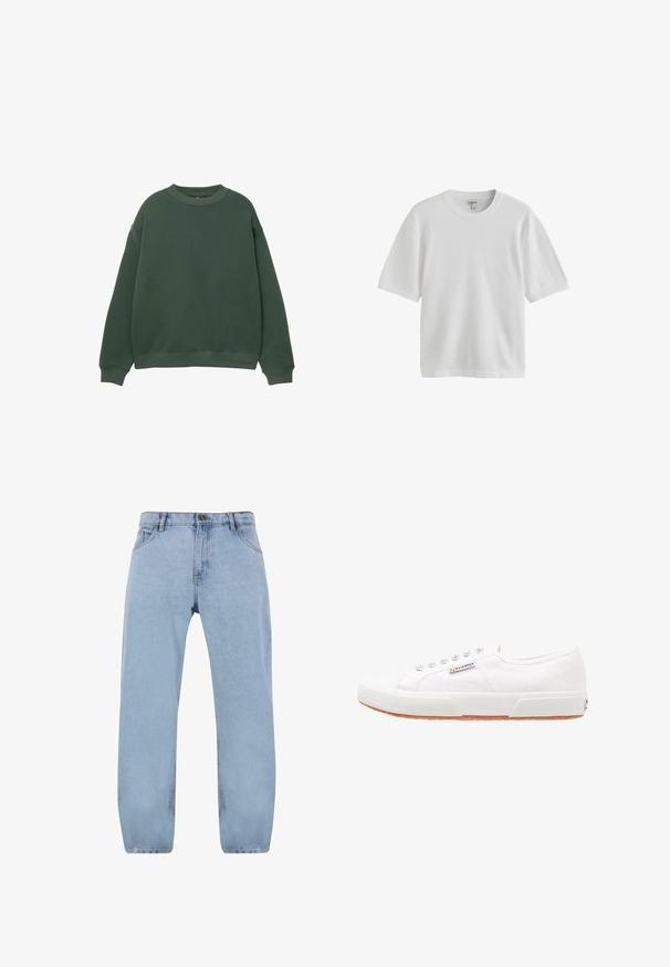 Mørkegrøn sweatshirt med rund hals, lange ærmer og ribbede manchetter. Fremstillet af et blødt, struktureret stof med et afslappet fit design.; Hvid kortærmet T-shirt med rund halsudskæring, vist mod en hvid baggrund.; Lys blå denimjeans med et lige ben-design, der har fire lommer, en lynlås og detaljer i gul syning.; Hvide kanvas sneakers med gummisål, snørebåndsdesign og et lille logo mærke på siden. Tekstureret hvid overdel og brun ydersål.