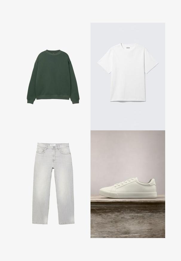 Dunkelgrüner Pullover mit Rundhalsausschnitt, langen Ärmeln und gerippten Bündchen. Hergestellt aus einem weichen, strukturierten Stoff mit einer lockeren Passform.; Weißes T-Shirt mit kurzen Ärmeln und Rundhalsausschnitt, flach liegend, schlichtes Design, mit „WEEKDAY“-Etikett innen im Kragen auf hellem Hintergrund.; Hellgraue Denim-Jeans mit entspanntem Schnitt, ausgestattet mit fünf Taschen, einem normalen Bund und dezenten Verwaschungen im gesamten Stoff.; Weiße Schnürsneaker, die über einer Holzbank mit grünem Laub im Hintergrund schweben und das Schuhdesign sowie die Textur zeigen.