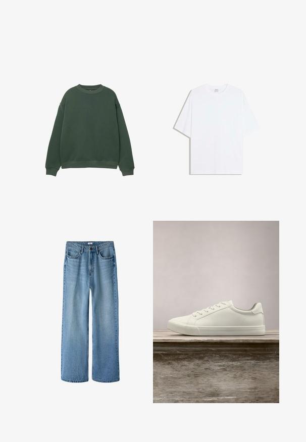 Donkergroen sweatshirt met een ronde hals, lange mouwen en geribde boorden. Gemaakt van een zachte, gestructureerde stof met een relaxte pasvorm.; Wit oversized katoenen T-shirt met een ronde hals en korte mouwen; gladde textuur, zonder zichtbare patronen of accenten.; Lichtblauwe jeans met hoge taille en wijde pijpen, voorzakken, ceintuurlussen, knoopsluiting en subtiele verweerde details.; Witte vetersneaker die boven een houten bank zweeft met groene bladeren op de achtergrond, waarbij het ontwerp en de textuur van de schoen worden getoond.