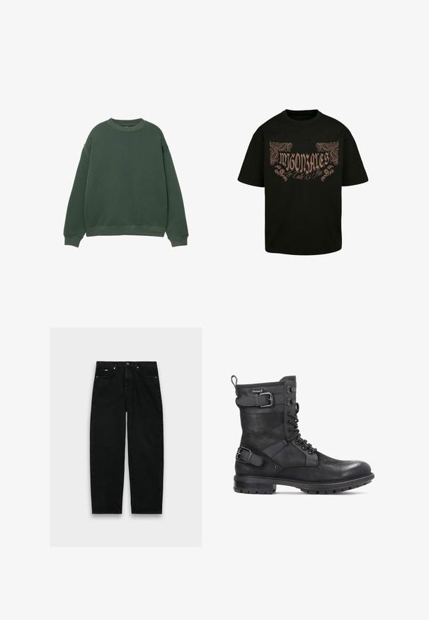 Mørkegrøn sweatshirt med rund hals, lange ærmer og ribbede manchetter. Fremstillet af et blødt, struktureret stof med et afslappet fit design.; Sort bomulds T-shirt med stort brunt dekorativt tekst og paisley mønstre, rund hals design og korte ærmer.; Sorte jeans med høj talje og lige ben, fem lommer, knaplukning og bæltestropper på hvid baggrund.; Kazar HEARD - Cowboy- / bikerstøvlette - black