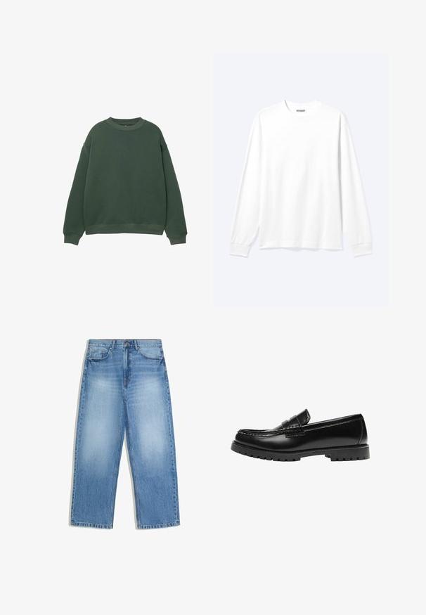 Mørkegrøn sweatshirt med rund hals, lange ærmer og ribbede manchetter. Fremstillet af et blødt, struktureret stof med et afslappet fit design.; Langærmet plain hvid skjorte med rund hals og ribkantede manchetter, vist på en neutral lys baggrund.; Lyseblå denimjeans med høj talje, lige brede ben, forlommer og knaplukning.; Sort læderloafer med en kraftig gummisål og klassiske penny-strap detaljer, vist fra ydersiden.