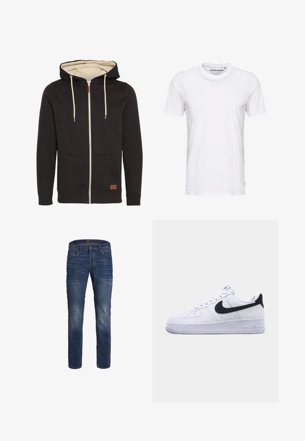 Musta tõmblukuga kapuutsiga sweatshirt beeži sisepinnaga. Omab nööriga kapuutsi, esipooke ja pruunist nahast logo sildi. Sile tekstuur.; Valge lühikeste varrukatega T-särk, mis on valmistatud puuvillast, ümarate kaelustega ja lihtsa disainiga. Brändi silt on nähtav kaela piirkonnas. Muster või aktsente ei ole.; Tume sinised kitsad teksad kerge tuhmumisega, viie tasku disainiga, nupuga sulgemine ja nähtavad õmblused.; Valge nahast toss musta tekstuuriga Swooshiga, lamedate nööridega ja kummist tallaga, millel on sooneline muster. "AIR" on reljeefne kandadel.