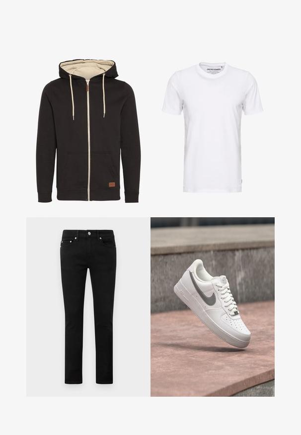 Hoodie zippé noir avec intérieur beige. Comprend une capuche à cordon, des poches avant et un patch logo en cuir marron. Texture lisse.; T-shirt blanc à manches courtes en coton, avec un col rond et un design simple. Étiquette de marque visible au niveau du cou. Aucun motif ni accent.; Jeans slim fit noirs avec cinq poches, bouton en métal et passants de ceinture, présentés à plat sur un fond blanc.; Baskets blanches Nike Air Force 1 avec logo swoosh gris flottant au-dessus d'une surface en pierre et un mur en pierre gris en arrière-plan.
