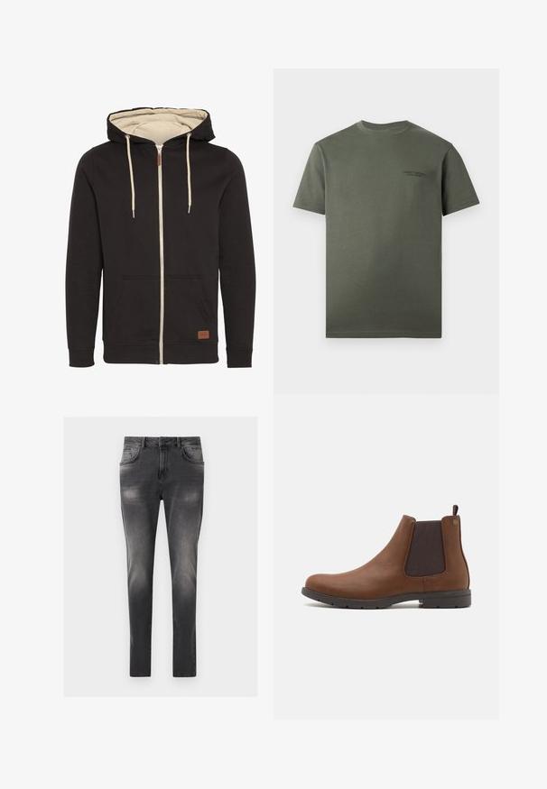 Zwarte zip-up hoodie met beige binnenkant. Voorzien van een trekkoordcapuchon, voorzakken en een bruine leren logopatch. Glad textuur.; Effen donkergroene T-shirt met korte mouwen en ronde hals, voorzien van een klein subtiel tekstlogo op de linkerborst.; Slim-fit donkergrijze jeans met verweerde details, knoopsluiting aan de voorkant, vijf zakken en riemlussen.; Jack & Jones JFWFENCHURCH CHELSEA BOOT - Lage laarzen - cognac