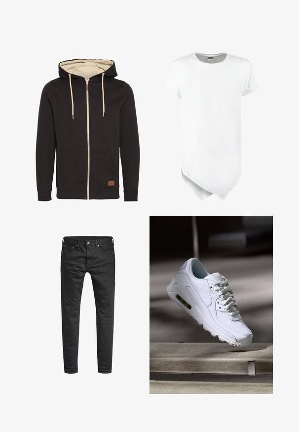 Hoodie zippé noir avec intérieur beige. Comprend une capuche à cordon, des poches avant et un patch logo en cuir marron. Texture lisse.; T-shirt à manches courtes blanc avec un col rond et un ourlet asymétrique, fabriqué en tissu mélangé coton avec une texture lisse.; Jeans noirs slim-fit avec poches avant, passants de ceinture, et fermeture à bouton, présentés sur un fond blanc.; Baskets blanches en cuir avec des surfaces texturées, un col rembourré et un amorti d'air visible dans la semelle. Elles possèdent des lacets et un design minimaliste.