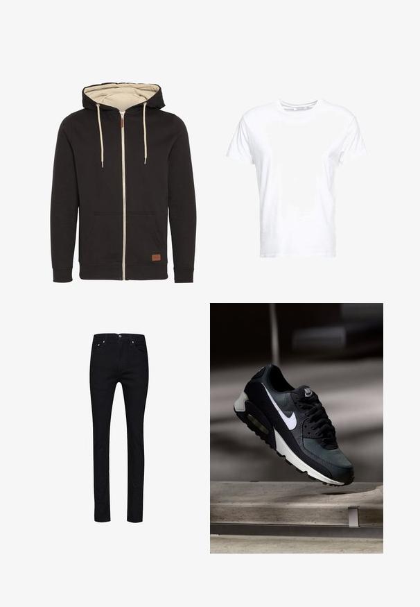 Hoodie zippé noir avec intérieur beige. Comprend une capuche à cordon, des poches avant et un patch logo en cuir marron. Texture lisse.; T-shirt en coton blanc avec un col rond et des manches courtes, au fit classique et à la texture lisse. Aucun motif ni accessoire visible.; Jean noir en denim, avec une coupe droite, cinq poches, des boutons en métal, et une seule poche arrière avec un détail de couture.; Baskets Nike Air Max noires et grises avec un logo blanc, suspendues au-dessus d'une surface en béton sur un fond sombre flou.