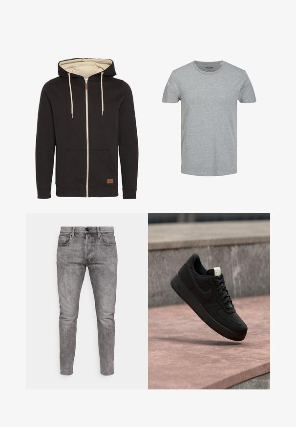 Musta tõmblukuga kapuutsiga sweatshirt beeži sisepinnaga. Omab nööriga kapuutsi, esipooke ja pruunist nahast logo sildi. Sile tekstuur.; Halli lühikeste varrukatega t-särk, mis on valmistatud pehmest puuvillast. Omab klassikalist ümarat kaelust ja regulaarset lõiget. Lihtne disain, ilma mustrite või aktsentideta.; Hallide denimist valmistatud kitsad teksad, millel on ees taskud, metallnupp sulgemiseks ja kerge pleekimise efekt läbi kogu kangast.; Must Nike Air Force 1 toss üle roosa betoonist ääre halli kivise taustaga, näidates külgi ja pealmisi detaile.