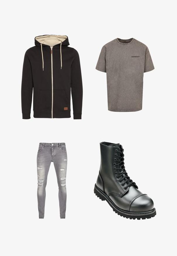 Zwarte zip-up hoodie met beige binnenkant. Voorzien van een trekkoordcapuchon, voorzakken en een bruine leren logopatch. Glad textuur.; Grijze oversized t-shirt van katoen met een verouderde afwerking. Heeft een ronde halslijn en een klein zwart logo op de borst.; Grijze denim skinny jeans met verwerkte details, zoals gescheurde plekken en vervaagde gebieden, standaard vijf-pocket ontwerp en knoopsluiting.; Zwarte leren combatboot met hoge enkel, ronde neus, vetersluiting aan de voorkant, en robuuste rubberen zool met diepe profiel voor grip.