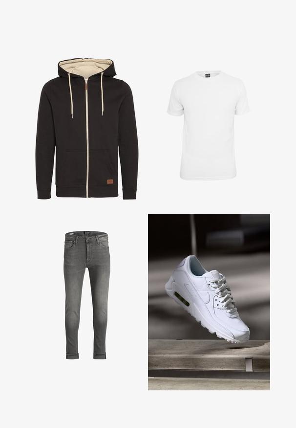 Musta tõmblukuga kapuutsiga sweatshirt beeži sisepinnaga. Omab nööriga kapuutsi, esipooke ja pruunist nahast logo sildi. Sile tekstuur.; Valge lühikeste varrukatega t-särk, valmistatud puuvillast, ümarate vahekohtadega ja sileda tekstuuriga, mõeldud igapäevaseks kandmiseks.; Hallide denimist paigaldatud teksad, millel on kitsas lõige, rullitud ääred, viis taskut ja nööbivääratus. Sile tekstuur ja kulunud viimistlus.; Valge nahast tennisete õhustuskujuga pinnad, pehmendustega krae ja nähtav õhuklapp tallas. Omab paelu ja minimaliseeritud disaini.