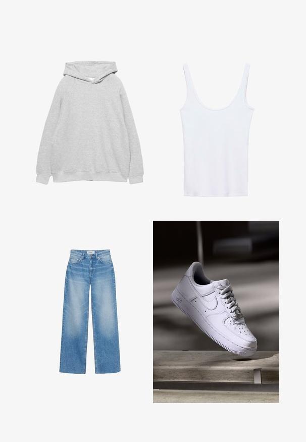 Sweatshirt à capuche gris clair avec une texture douce, des manches raglan et des bords côtelés au niveau des poignets et de l'ourlet. Design simple, sans graphiques ni motifs visibles.; Débardeur blanc à encolure dégagée, fabriqué en tissu doux, présentant des bretelles fines et une coupe ajustée et slim. Aucun motif ou accent visible.; Jean bleu à coupe large avec poches avant, passants de ceinture et fermeture à boutons, présenté sur fond blanc.; Baskets Nike Air Force 1 blanches lévitant au-dessus d'une surface en béton avec des ombres dans un cadre minimaliste.