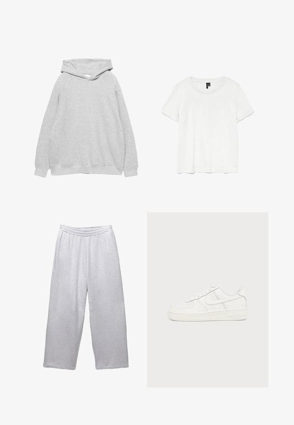 Sweatshirt à capuche gris clair avec une texture douce, des manches raglan et des bords côtelés au niveau des poignets et de l'ourlet. Design simple, sans graphiques ni motifs visibles.; T-shirt blanc à manches courtes avec un col rond, fabriqué en tissu léger. Design simple, texture lisse et ourlet droit.; Pantalons de survêtement larges gris clair avec ceinture élastique et coutures sur un fond blanc.; Baskets basses blanches en cuir texturé, fermeture à lacets et semelle épaisse en caoutchouc avec marquage Air.