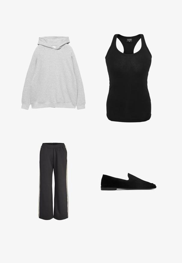 Sweatshirt à capuche gris clair avec une texture douce, des manches raglan et des bords côtelés au niveau des poignets et de l'ourlet. Design simple, sans graphiques ni motifs visibles.; Débardeur noir en tissu doux, avec un design dos nageur et une coupe ajustée. Texture lisse sans motifs ni éléments métalliques visibles.; Pantalon noir à jambes larges avec taille élastique et bandes blanches sur les côtés courant le long des coutures extérieures des deux jambes.; Chaussure plate noire en daim à enfiler, à petit talon et bout arrondi, vue de profil sur fond blanc.